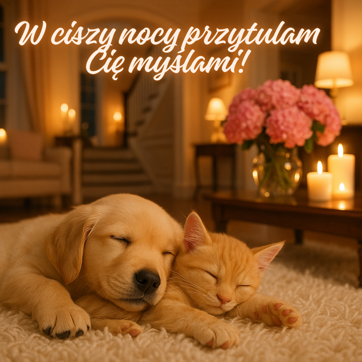 Spokojnej nocy kartki na dobranoc – przytulne zwierzęta w blasku świec