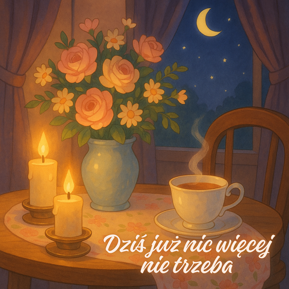 Spokojnej nocy nowe kartki na dobranoc filiżanka herbaty i kwiaty o zmierzchu