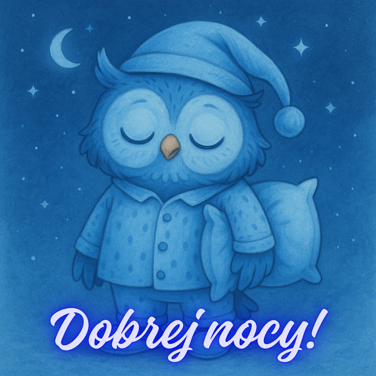 Niebieska sowa w piżamce – urocze obrazki nowe kartki na dobranoc zimowe