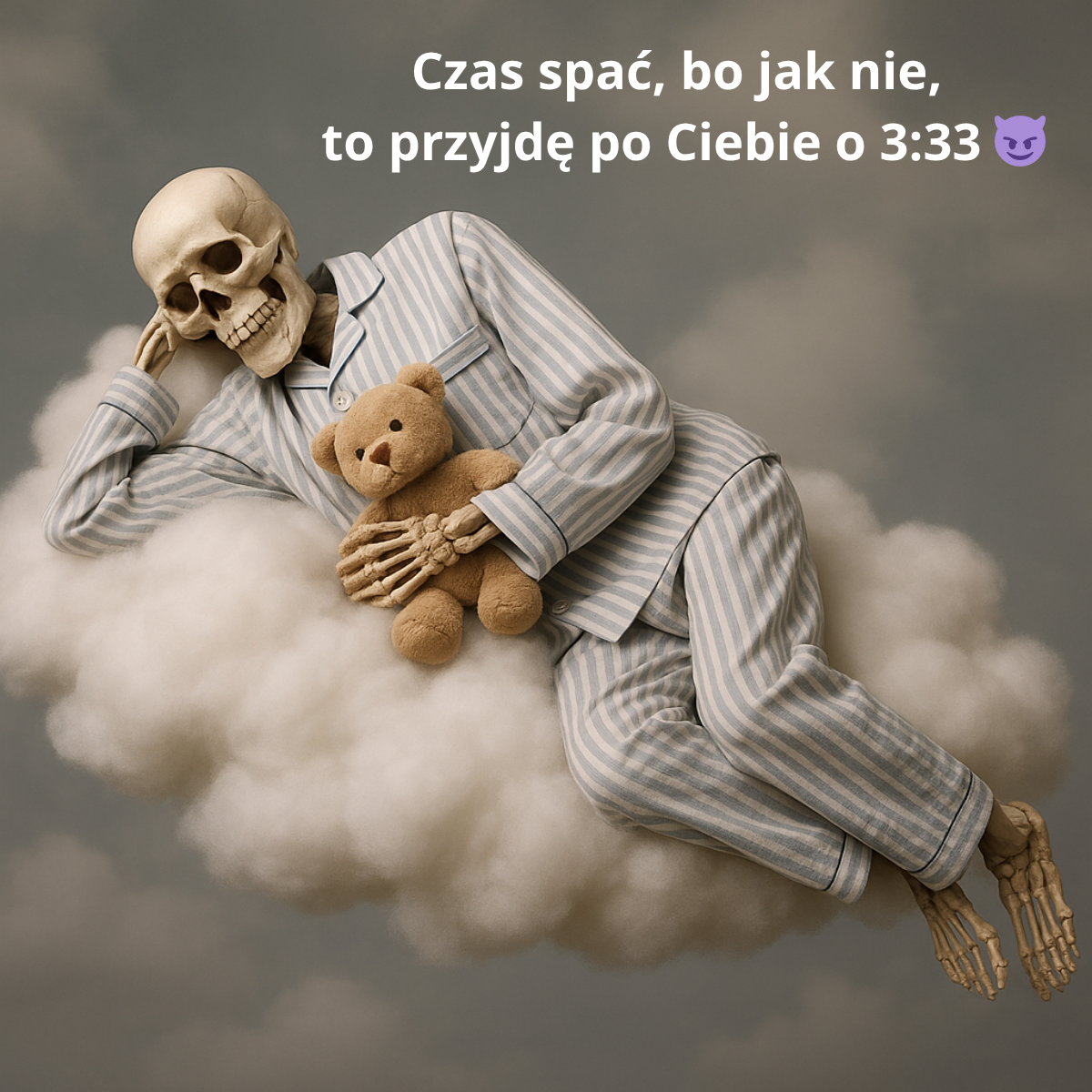 Śmieszny nowy obrazek na dobranoc – szkielet w piżamie leżący na chmurze, przytulający pluszowego misia.
