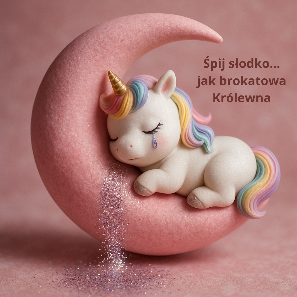Uroczy nowy obrazek na dobranoc – śpiący jednorożec z tęczową grzywą na różowym księżycu, idealny na spokojny sen.