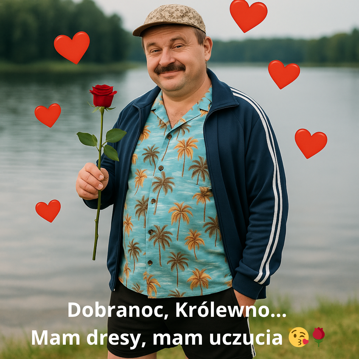 Fajny nowy obrazek na dobranoc – uśmiechnięty mężczyzna w dresach i hawajskiej koszuli, trzymający różę, z serduszkami w tle.
