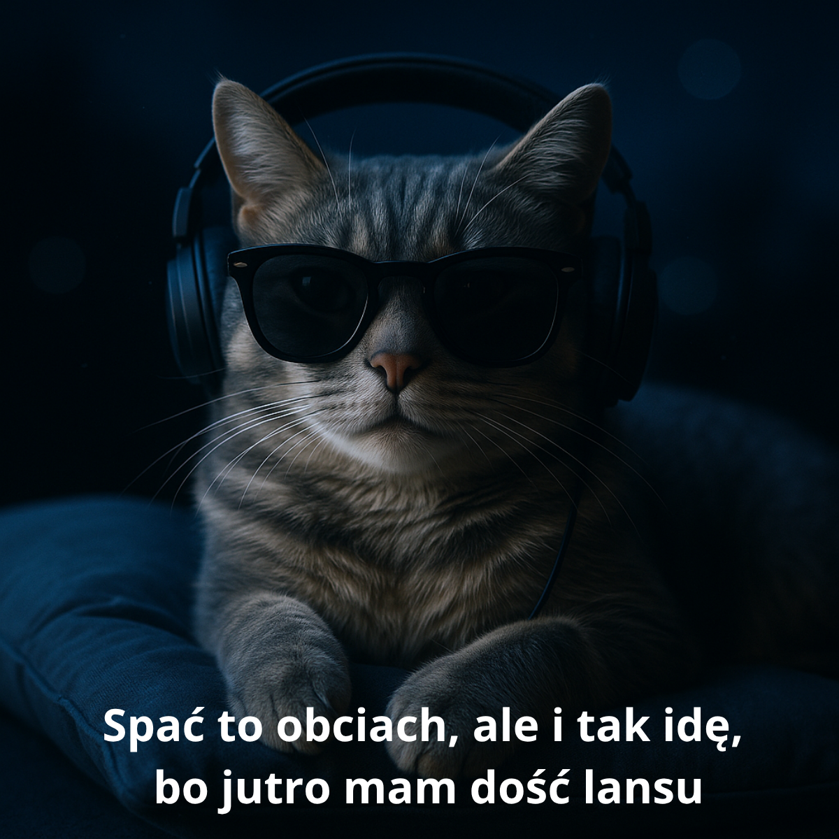 Śmieszny nowy obrazek na dobranoc dla przyjaciół – kot w okularach przeciwsłonecznych i słuchawkach, gotowy do snu mimo lansu.