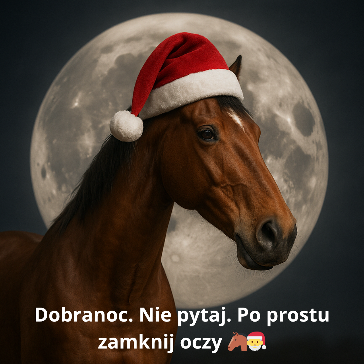 Nietypowy nowy obrazek na dobranoc – koń w czapce świętego Mikołaja pod nocnym niebem.