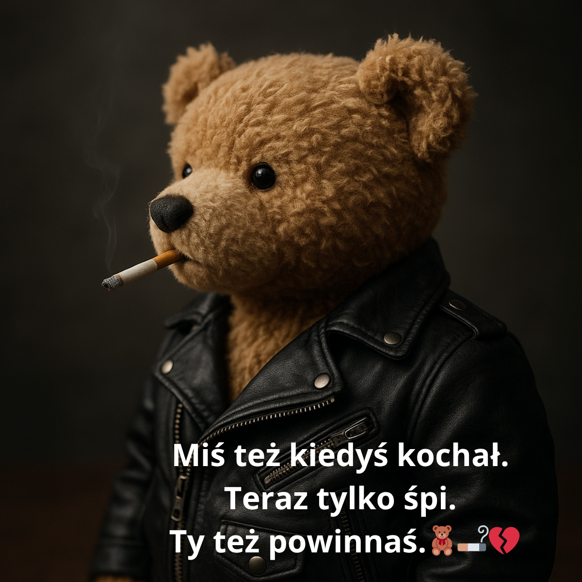 Śmieszny i melancholijny obrazek na dobranoc – pluszowy miś w skórzanej kurtce z papierosem, smutne spojrzenie i nocna aura.