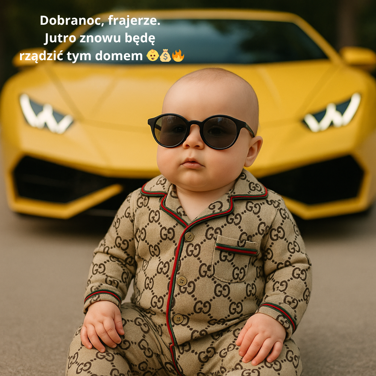 Nowy obrazek na dobranoc dla przyjaciół – bobas w piżamie Gucci i okularach przeciwsłonecznych przed żółtym Lamborghini.