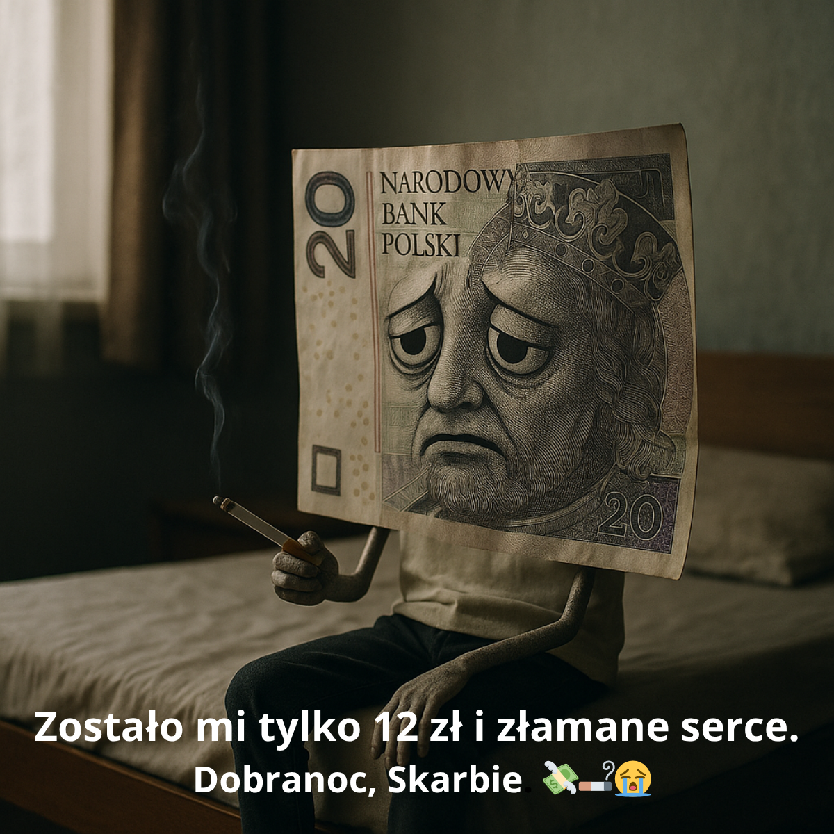 Memy nowe obrazki na dobranoc – postać z twarzą banknotu i papierosem, melancholijny klimat.