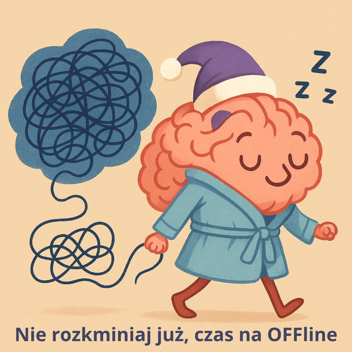 Ilustracja do spokojnej nocy – mózg w piżamie idący spać, symbol wyciszenia myśli. Idealny nowy obrazek na dobranoc.
