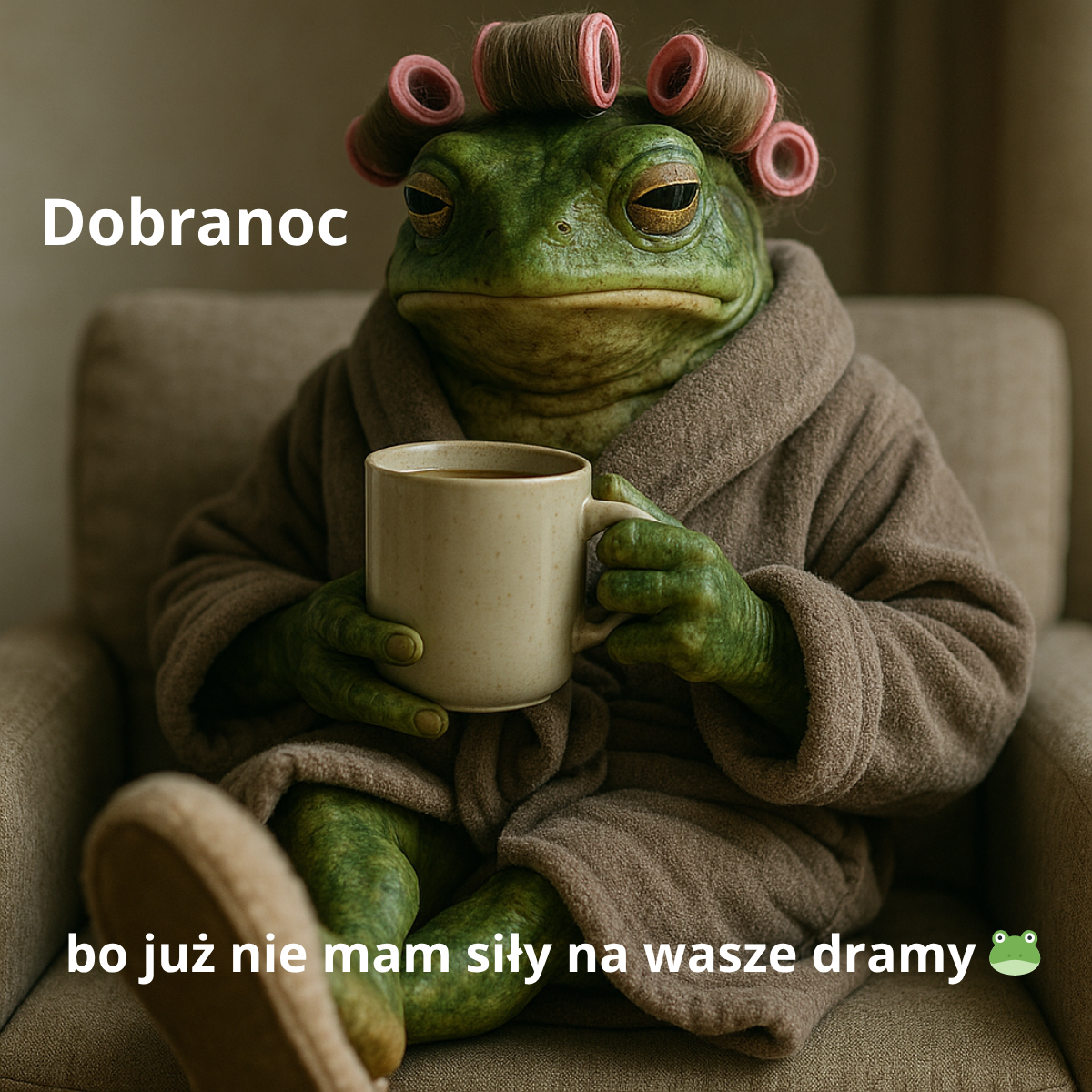 Śmieszny obrazek na dobranoc z żabą – zmęczona żaba w szlafroku z kawą, gotowa zakończyć dzień.