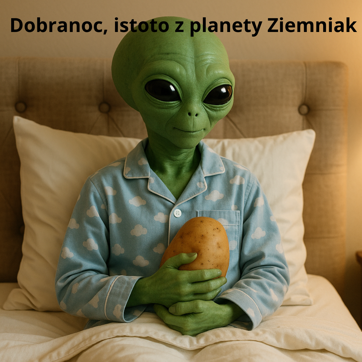 Uroczy nowy obrazek na dobranoc – zielony kosmita w niebieskiej piżamie trzymający ziemniaka w łóżku.