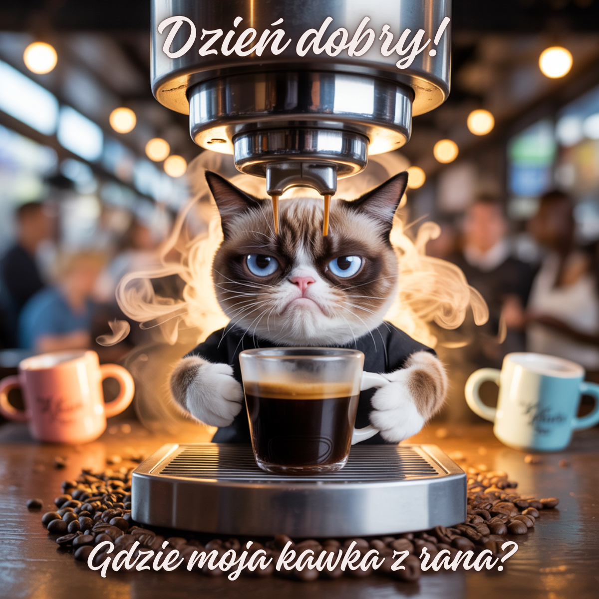 Zabawny kot przy ekspresie do kawy trzymający filiżankę espresso. Humorystyczna scena idealna jako wesołe kartki na dzień dobry.