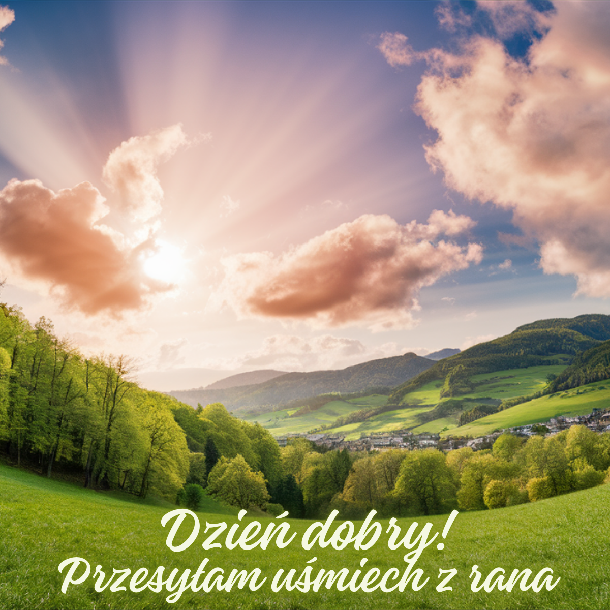 Widok na wschód słońca nad zielonymi wzgórzami i doliną, z napisem dzień dobry. Klimatyczna natura – piękne kartki na dzień dobry.