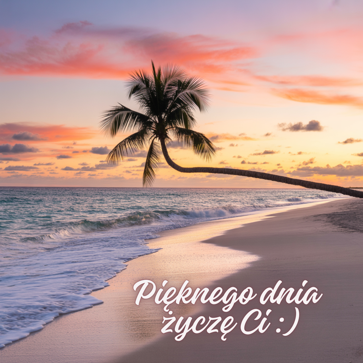 Samotna palma pochylona nad spokojnym morzem o zachodzie słońca. Romantyczna pocztówka – piękne kartki na dzień dobry.