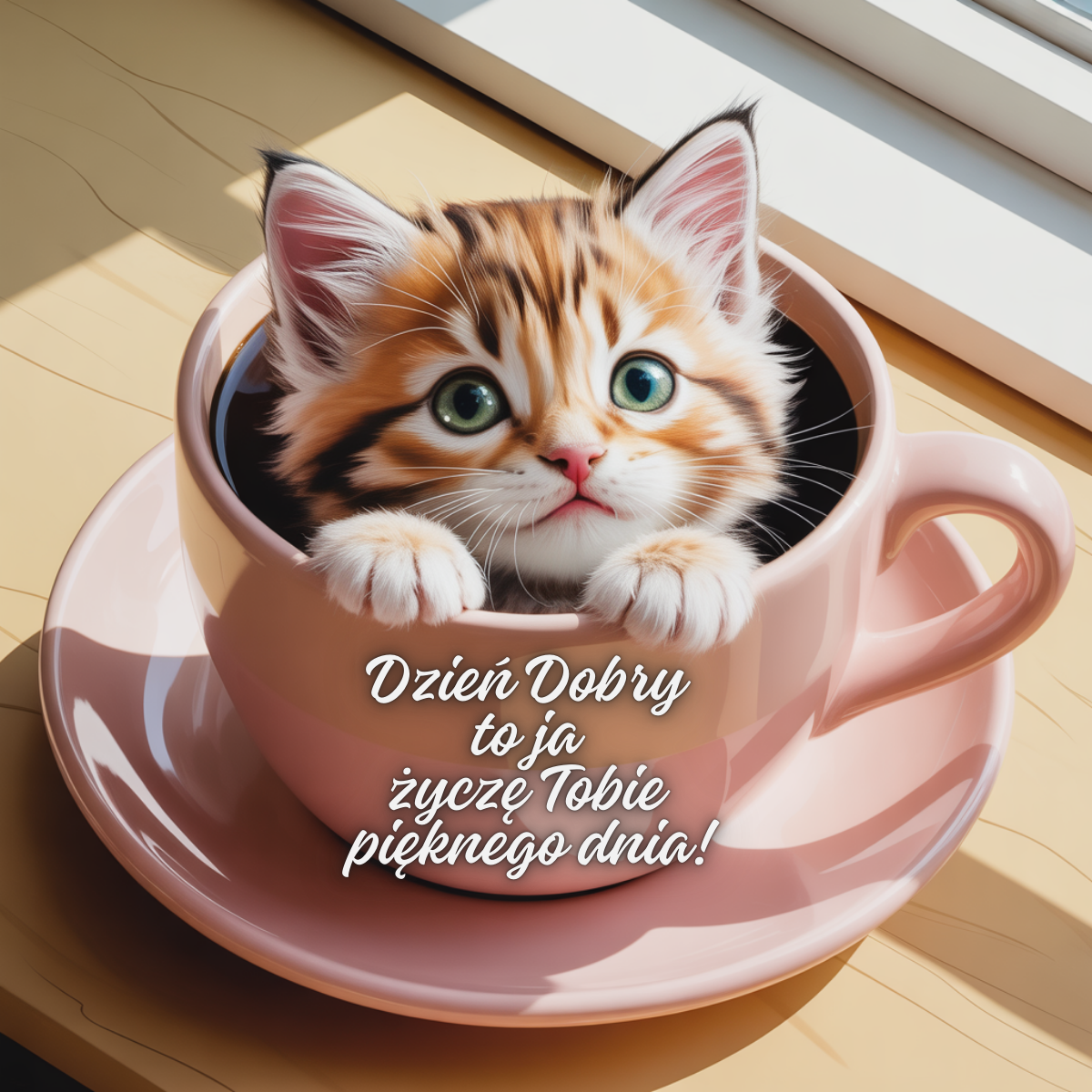 Uroczy kotek siedzący w różowej filiżance kawy, patrzący wielkimi zielonymi oczami. Ilustracja w stylu słodkich pocztówek.