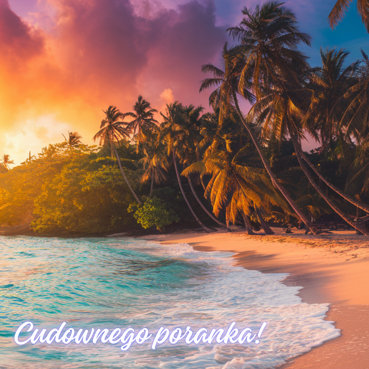 Kolorowy wschód słońca nad egzotyczną plażą z palmami. Ciepły, wakacyjny klimat – piękne obrazki na dzień dobry.