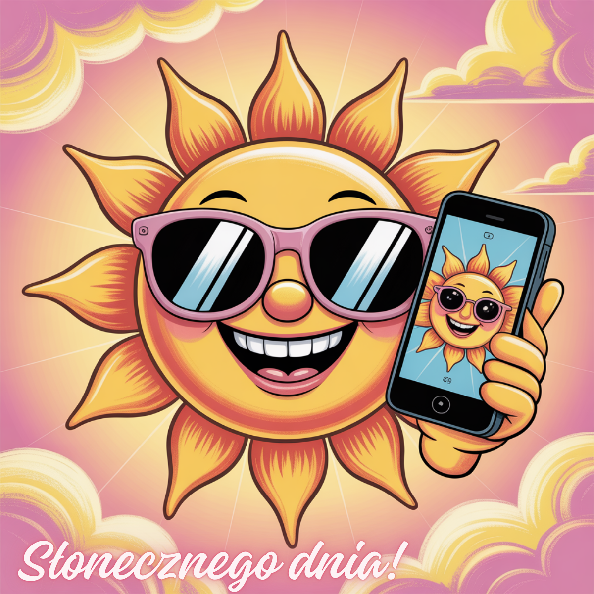 Słońce w okularach przeciwsłonecznych robiące selfie smartfonem. Ilustracja w kreskówkowym stylu – śmieszne obrazki na dzień dobry WhatsApp.