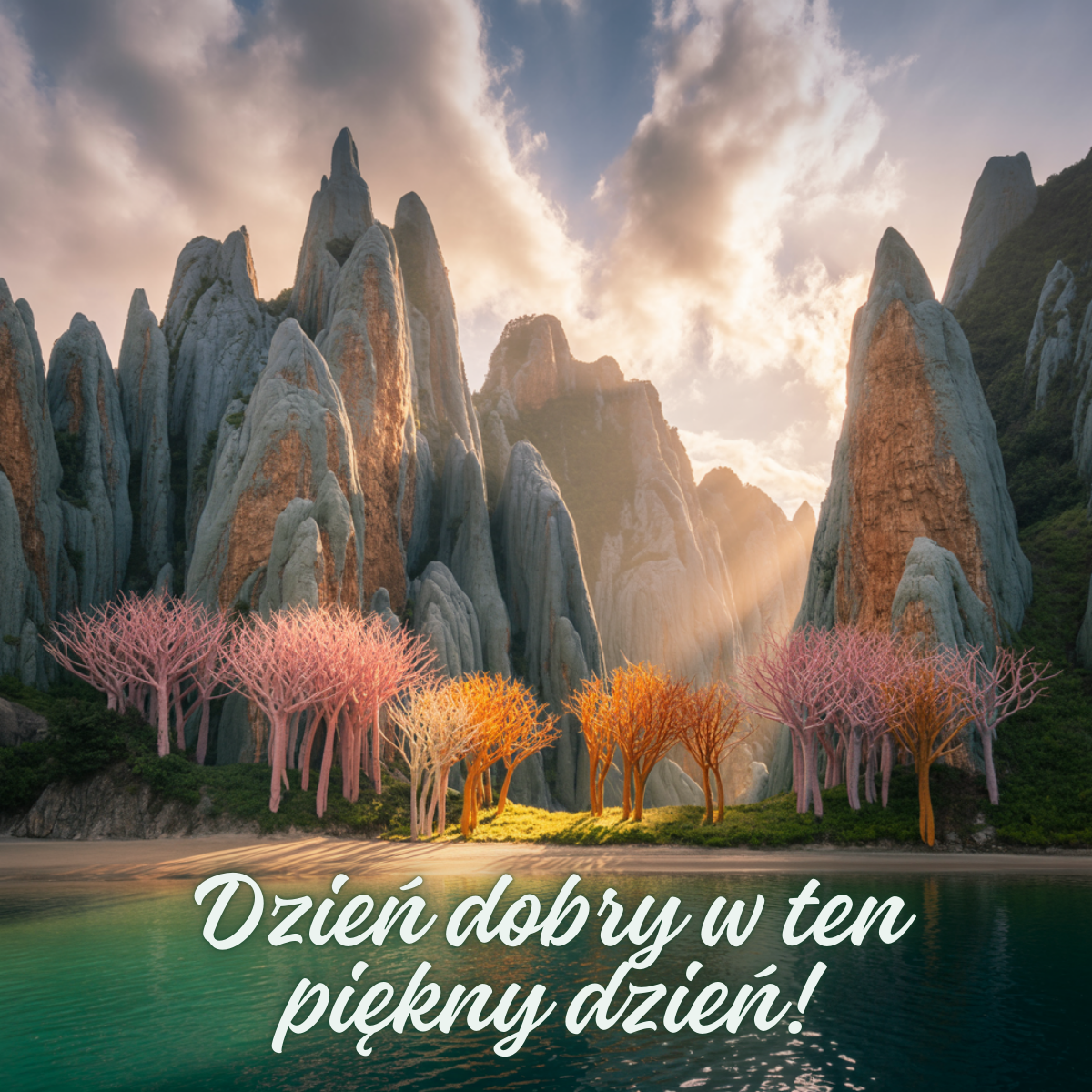 Fantastyczny krajobraz z majestatycznymi górami i różowymi drzewami. Inspirująca sceneria – super kartki na dzień dobry.