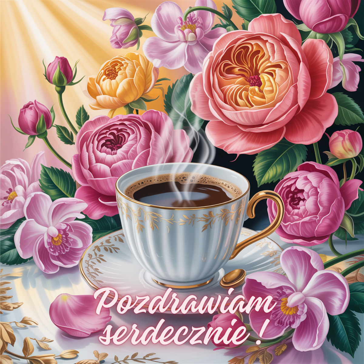 Elegancka filiżanka kawy w otoczeniu róż i piwonii w pastelowych barwach. Kobiecy motyw pełen wdzięku.