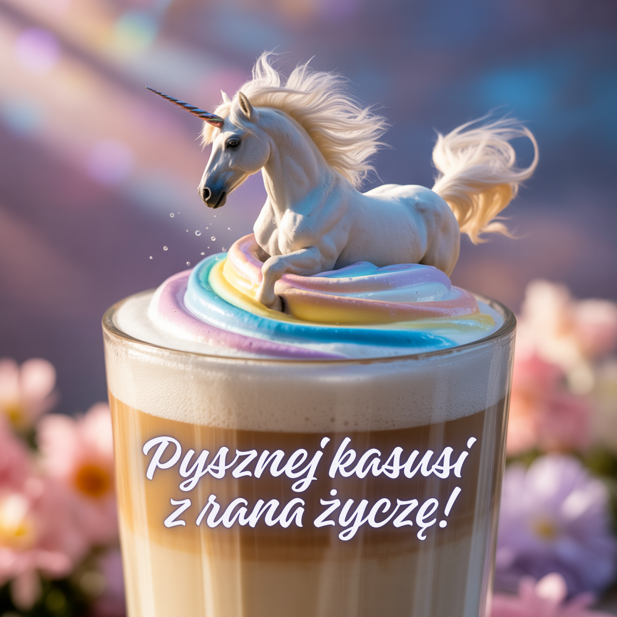 Jednorożec stojący na tęczowej piance latte w szklance kawy. Fantazyjna scena – śmieszne obrazki na dzień dobry WhatsApp