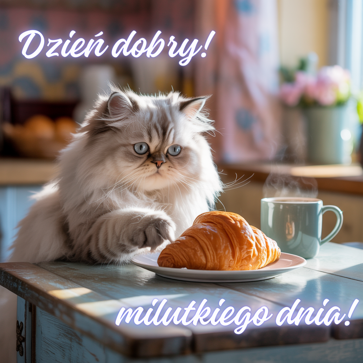 Puszysty kot przy stole z croissantem i filiżanką kawy. Przyjazny, ciepły motyw w stylu wesołe kartki na dzień dobry.