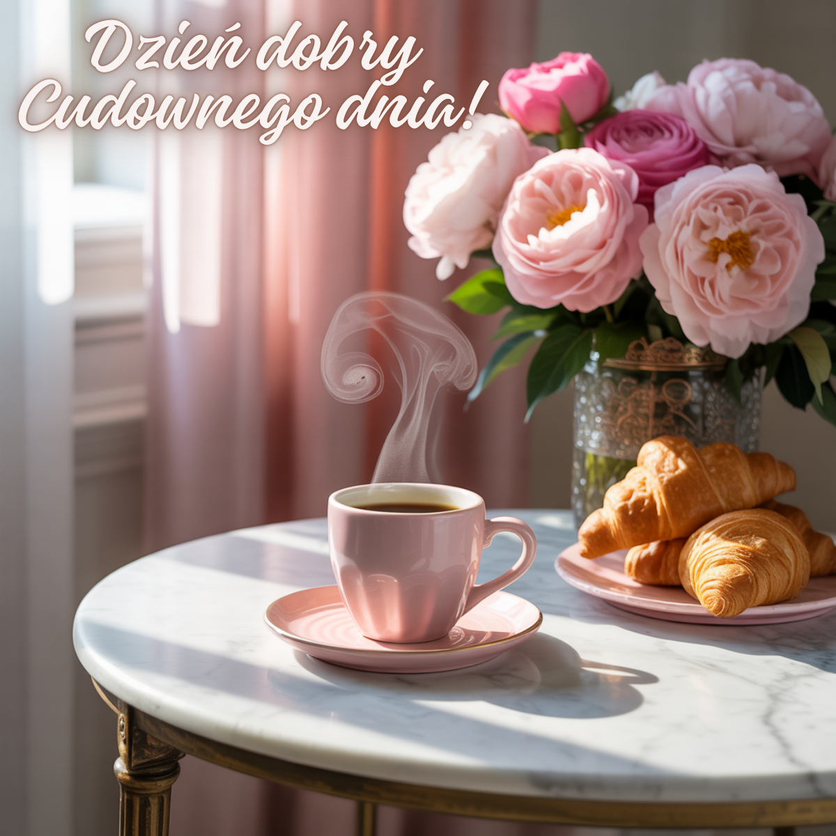 Różowa filiżanka kawy na marmurowym stoliku z rogalikami i bukietem kwiatów w tle. Elegancki kobiecy poranek.