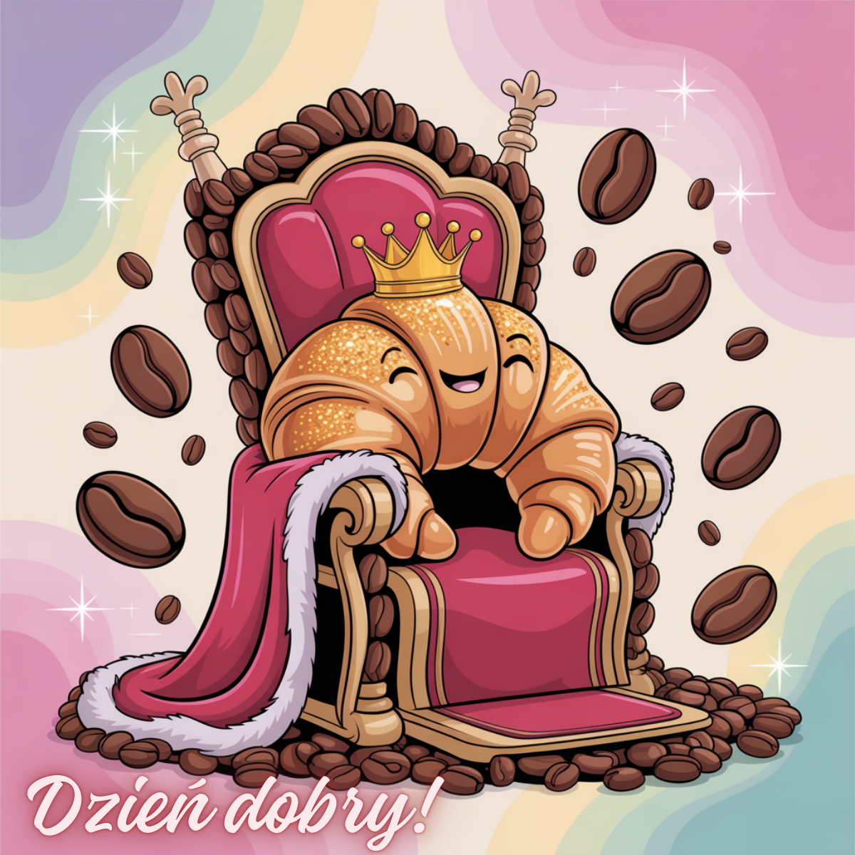 Uśmiechnięty croissant w złotej koronie, siedzący na tronie otoczonym ziarnami kawy. Wesoły motyw śniadaniowy.
