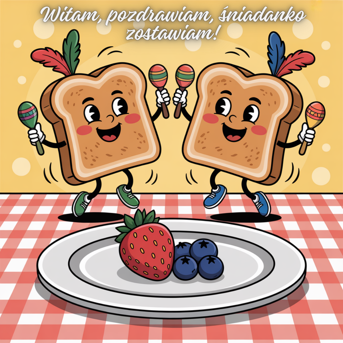 Wesołe tosty z oczami i marakasami tańczące nad stołem z owocami. Zabawna grafika kreskówkowa.