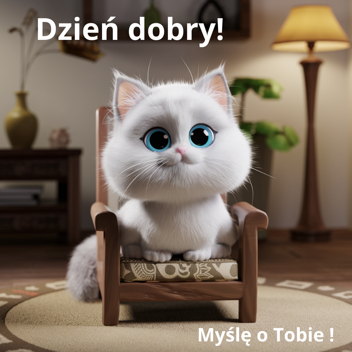 Biały kotek z dużymi niebieskimi oczami siedzący na fotelu. Uroczy motyw – miłego dnia fajne kartki na dzień dzisiejszy