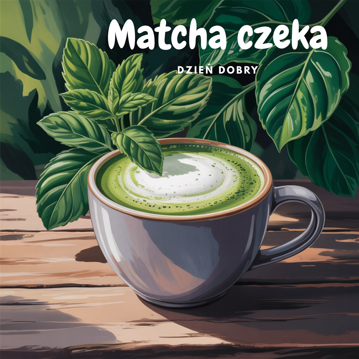 Filiżanka zielonej herbaty matcha otoczona liśćmi, z napisem dzień dobry. Idealne powitanie dnia – fajne kartki na dzień dzisiejszy