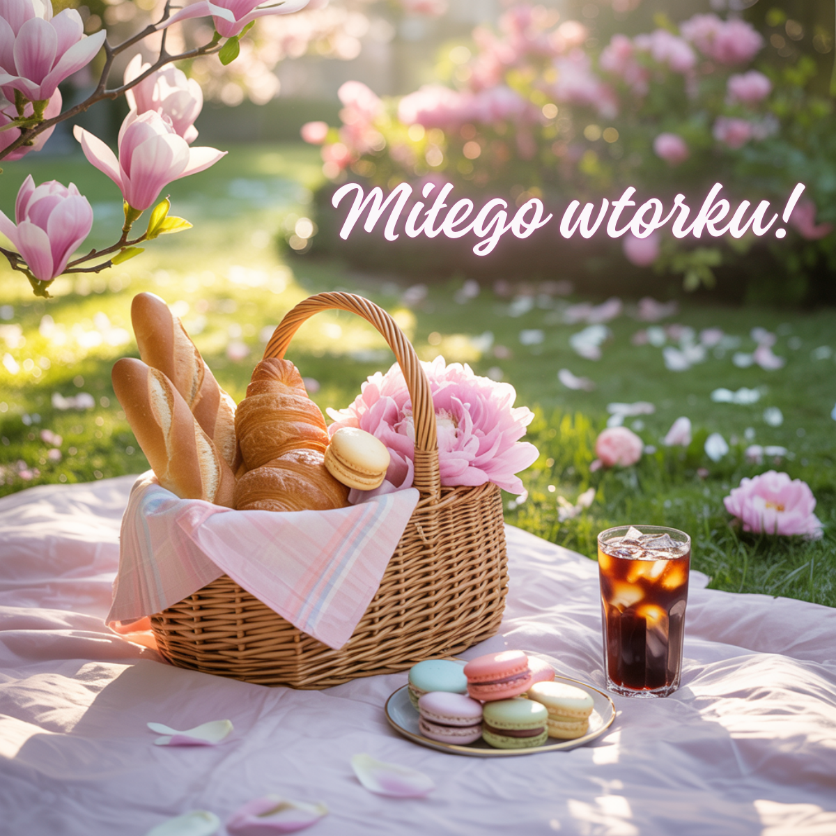 Piknikowy koszyk pełen pieczywa, makaroników i kwiatów magnolii na kocu w ogrodzie, obok szklanka zimnej kawy. Pogodny wtorkowy poranek – fajne kartki na dzień dzisiejszy wtorek