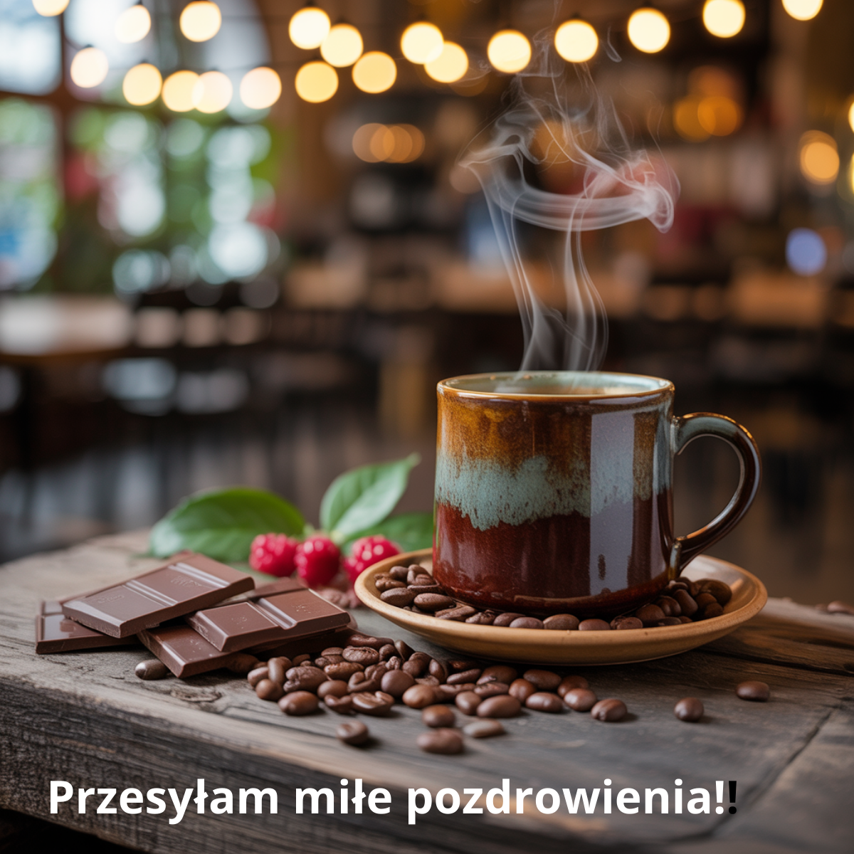 Kubek gorącej kawy w kawiarni, z ziarnami i czekoladą obok. Klimatyczna scena – dzień dobry fajne kartki na dzień dzisiejszy