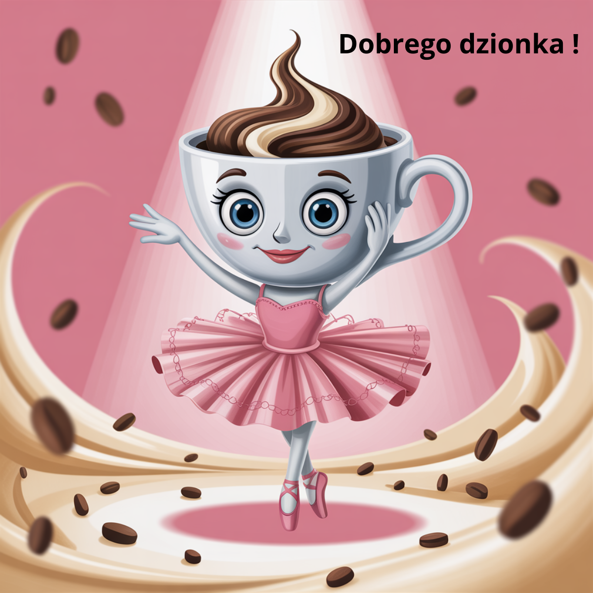 Ilustracja filiżanki jako baletnicy w różowej sukience tańczącej wśród ziaren kawy. Optymistyczna scena – dobrego dnia fajne kartki na dzień dzisiejszy
