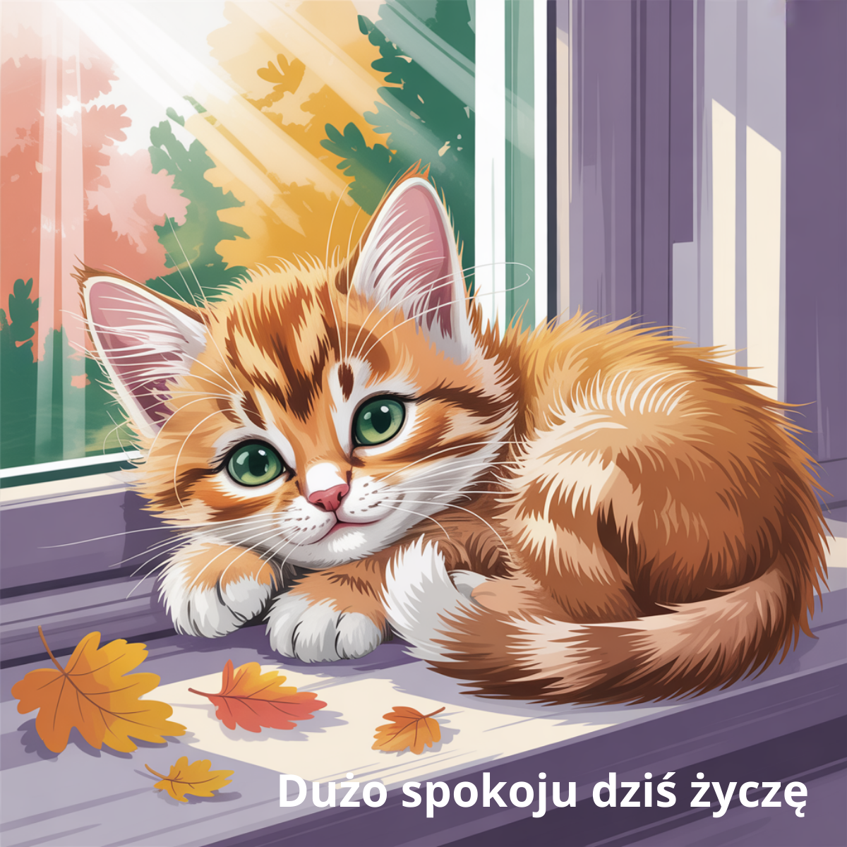 Rudy kotek z zielonymi oczami leżący na parapecie w jesiennej scenerii. Przytulna ilustracja – miłego miłego fajne kartki na dzień dzisiejszy