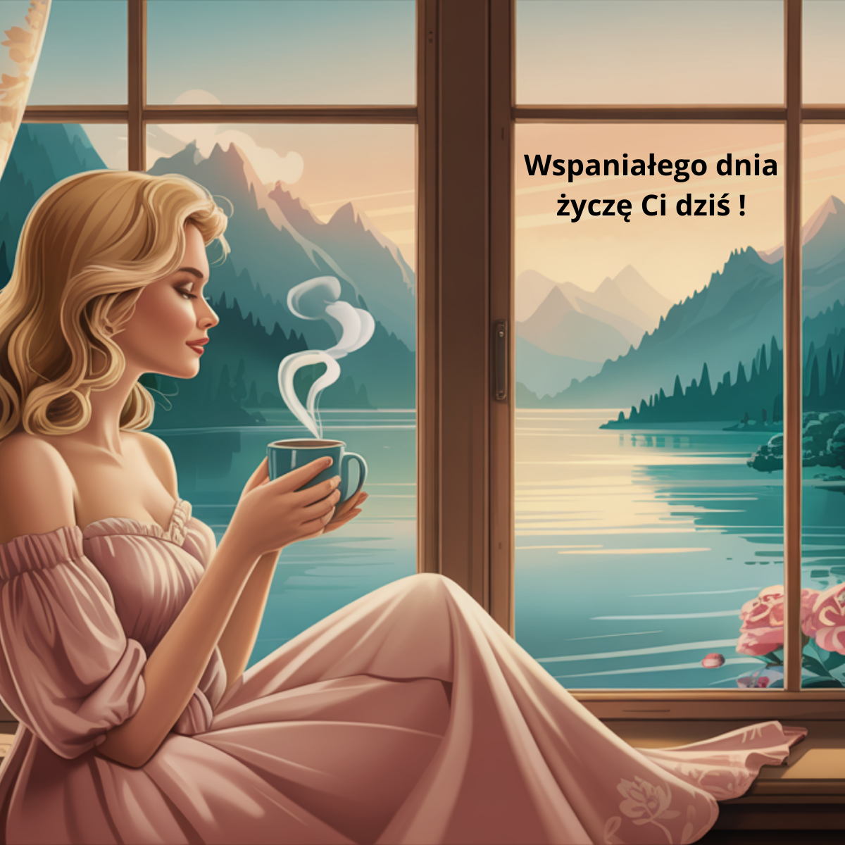 Kobieta w pastelowej sukience siedząca z kawą przy oknie z widokiem na góry i jezioro. Elegancka ilustracja – powitanie dnia fajne kartki na dzień dzisiejszy