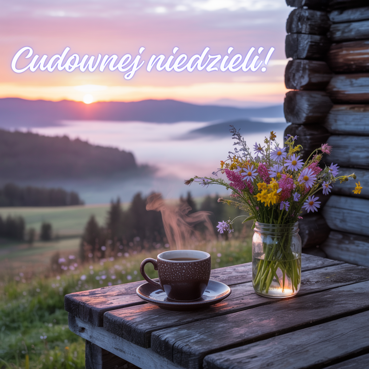 Cudownej niedzieli – fajne kartki na dzień dzisiejszy z filiżanką kawy i słoikiem polnych kwiatów na drewnianym stole o wschodzie słońca w górach