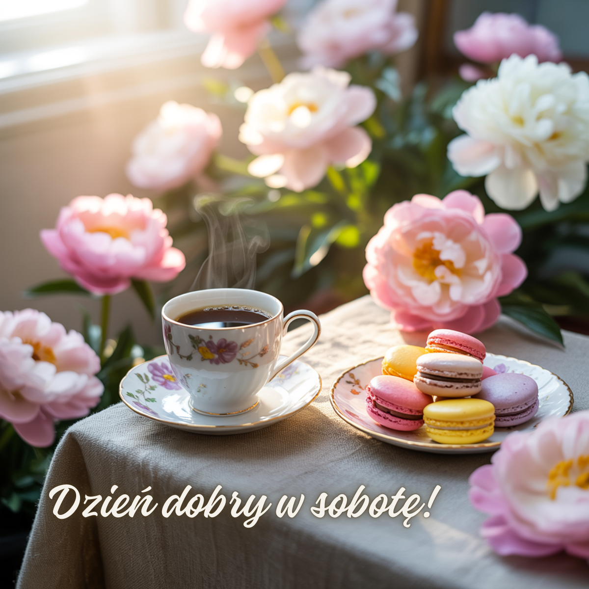 Dzień dobry w sobotę – fajne kartki na dzień dzisiejszy z filiżanką aromatycznej kawy i kolorowymi makaronikami na tle kwitnących piwonii