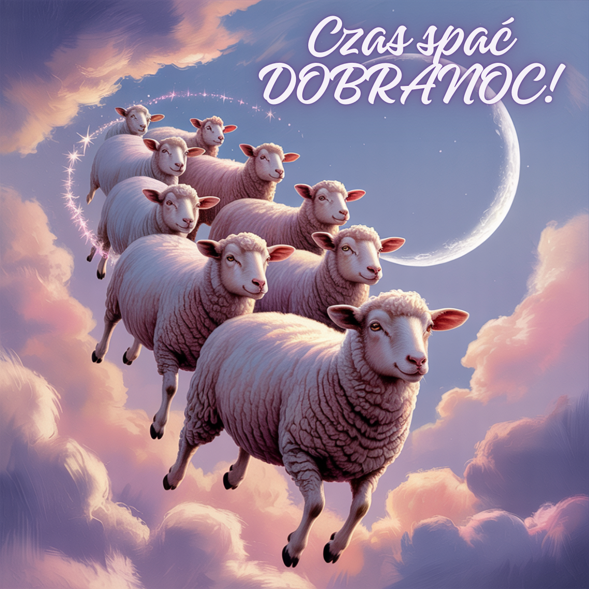 Dobry wieczor dobry wieczor fajne nowe kartki na dobranoc – skaczace owce pod ksiezycem na pastelowym niebie