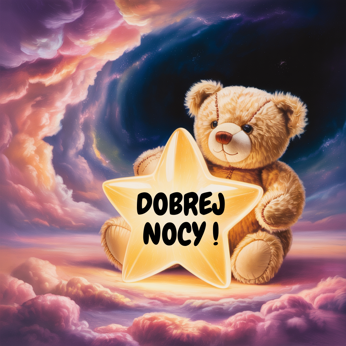 Fajne kartki obrazki na dobranoc nowe – pluszowy mis z gwiezdna lampka na pastelowym niebie.