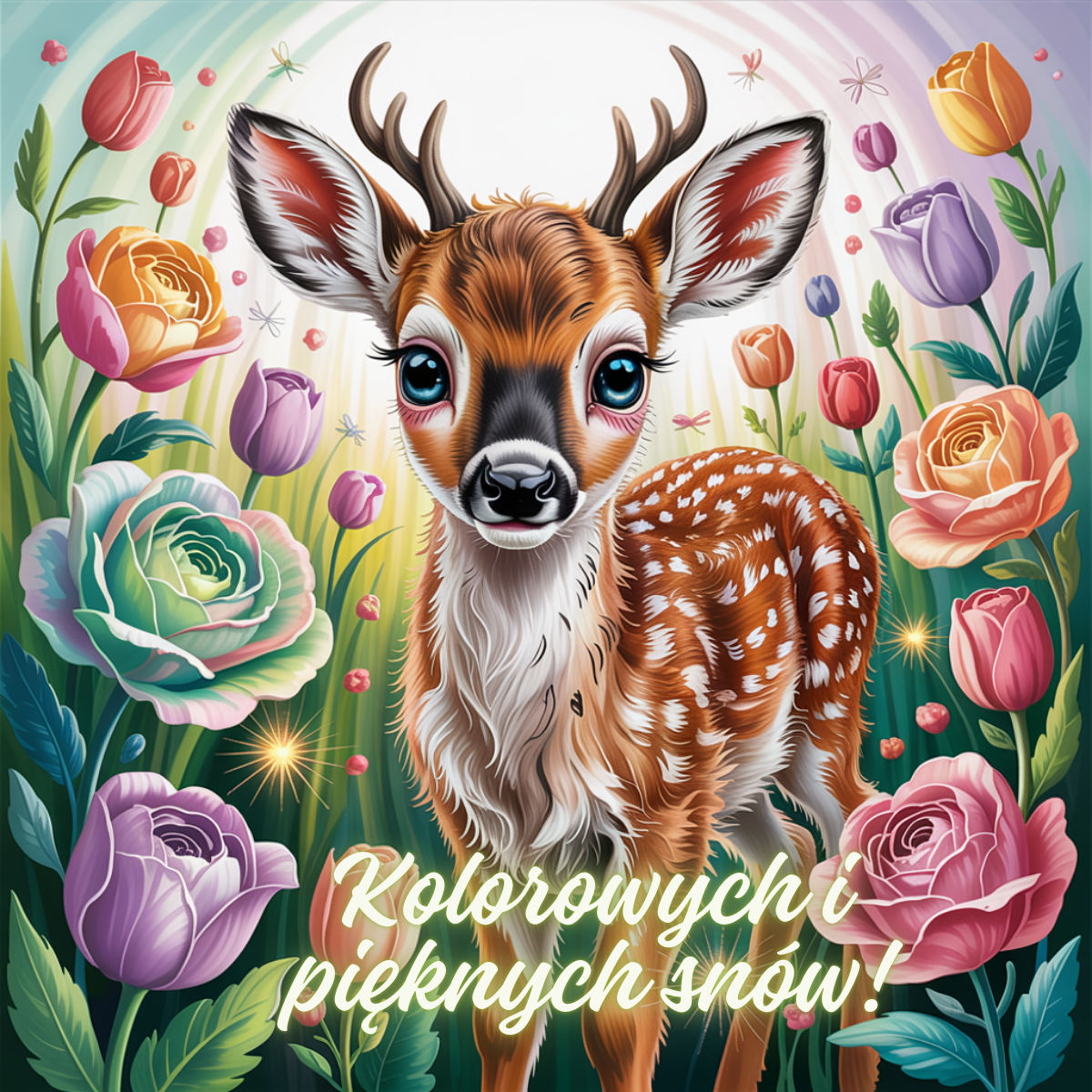 Urocza ilustracja sarenki wśród kolorowych kwiatów z napisem „Kolorowych i pięknych snów” – idealny przykład na kolorowych snów urocze obrazki na dobranoc pełne ciepła i radości.