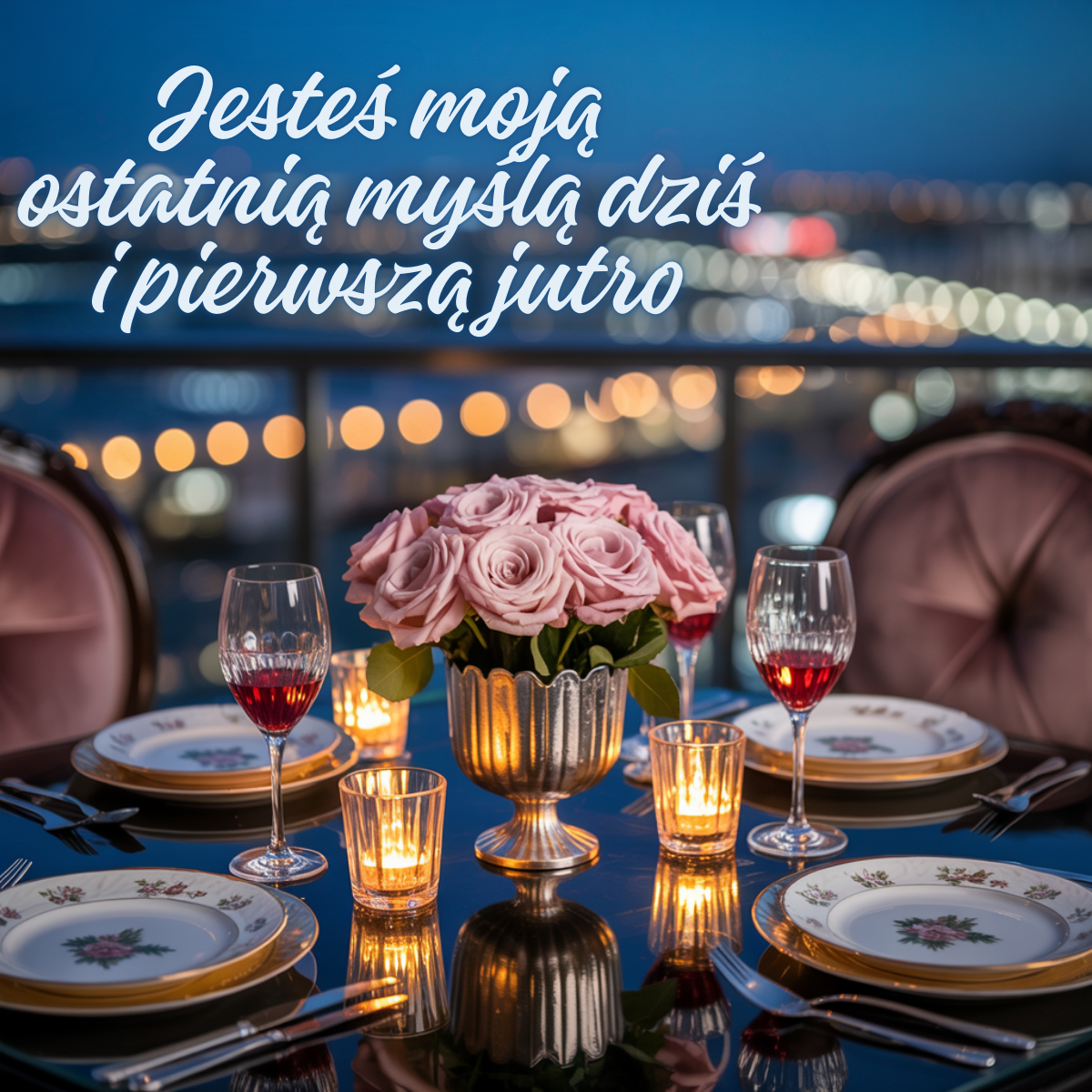 Pięknej nocy urocze obrazki na dobranoc – elegancki stół, róże i świeczki, życzenia dobrego wieczoru i pięknych snów dla ukochanej osoby