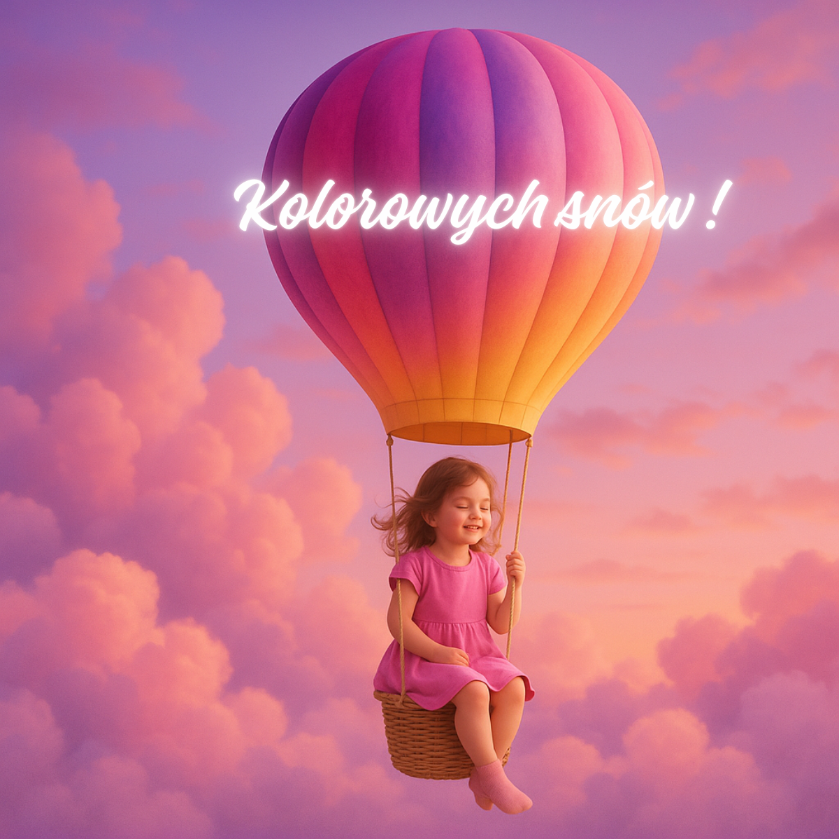 Dziewczynka w różowej sukience siedząca w koszu balonu unoszącego się nad chmurami o zachodzie słońca z napisem „Kolorowych snów” – magiczny obrazek na dobranoc.