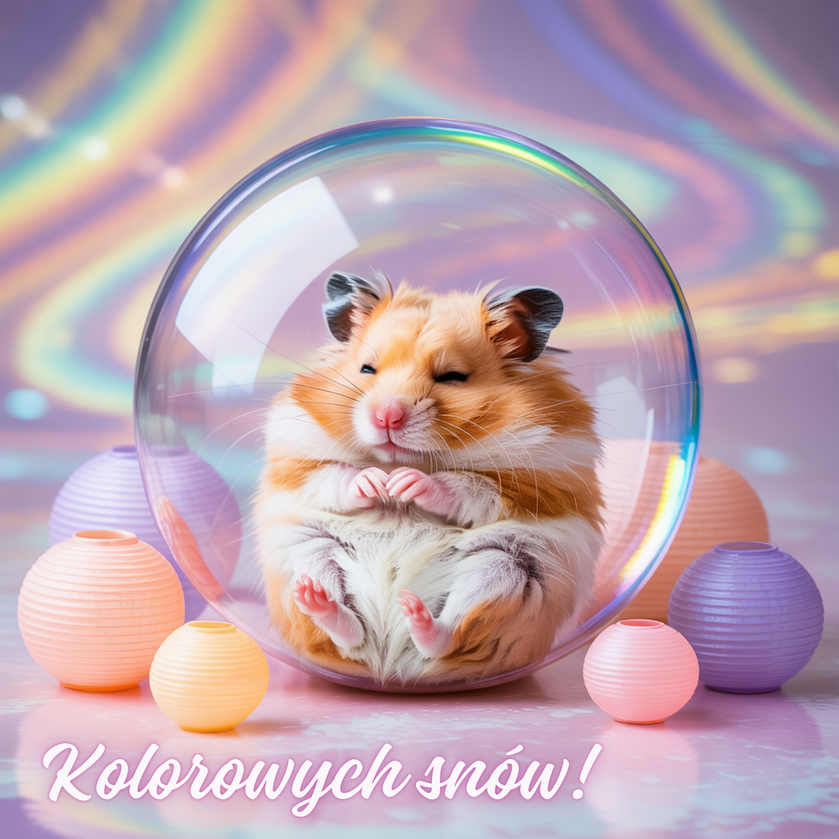 Mały śpiący chomik w przezroczystej kuli, spokojnej nocy urocze obrazki na dobranoc z kolorowymi światłami w tle.