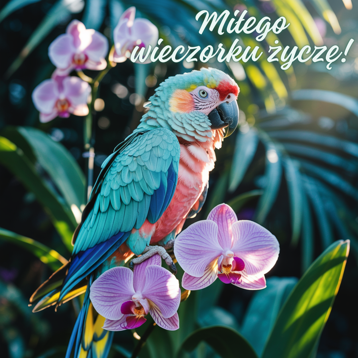 Kolorowa papuga siedząca na kwiatach orchidei wieczorem, spokojnej nocy urocze obrazki na dobranoc w tropikalnym klimacie.