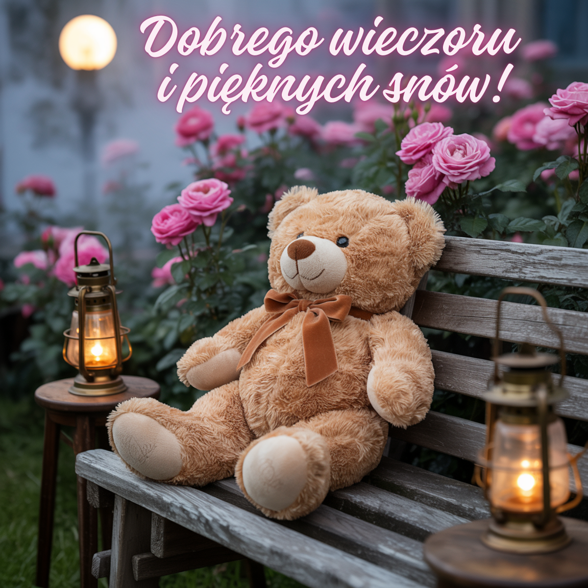Pięknej nocy urocze obrazki na dobranoc – pluszowy miś na ławce, różany ogród i latarenki, życzenia dobrego wieczoru i słodkich snów.
