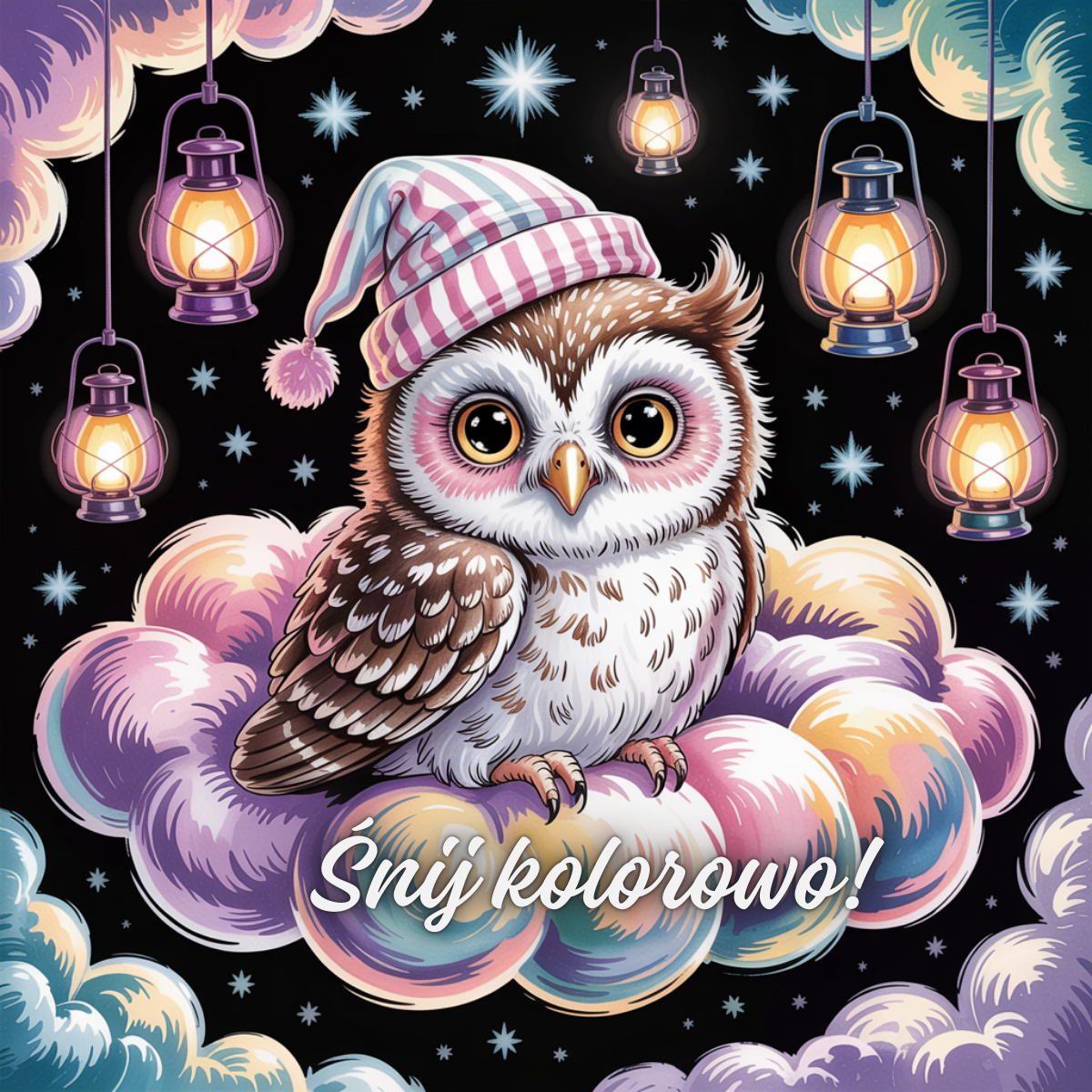 Urocza sówka w czapce nocnej siedząca na kolorowej chmurce wśród gwiazd i lampionów z napisem „Śnij kolorowo” – ilustracja w stylu bajkowym, doskonała jako obrazek na dobranoc.