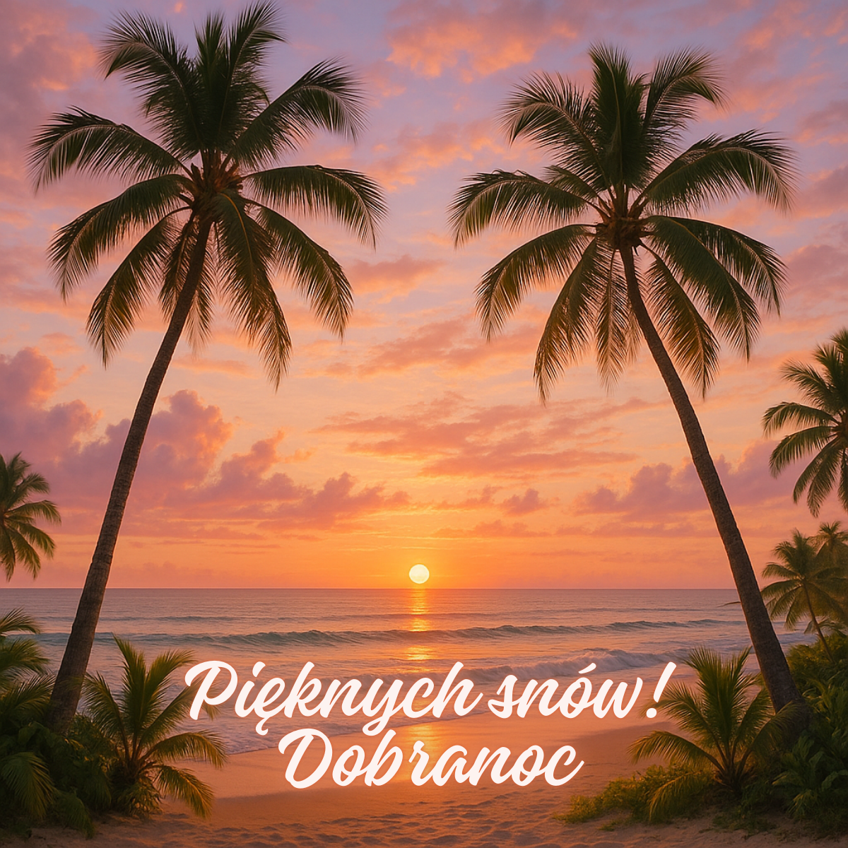 Tropikalny pejzaż z palmami i zachodem słońca nad morzem z napisem „Pięknych snów! Dobranoc” – romantyczna grafika na dobranoc wprowadzająca w spokojny nastrój snu.