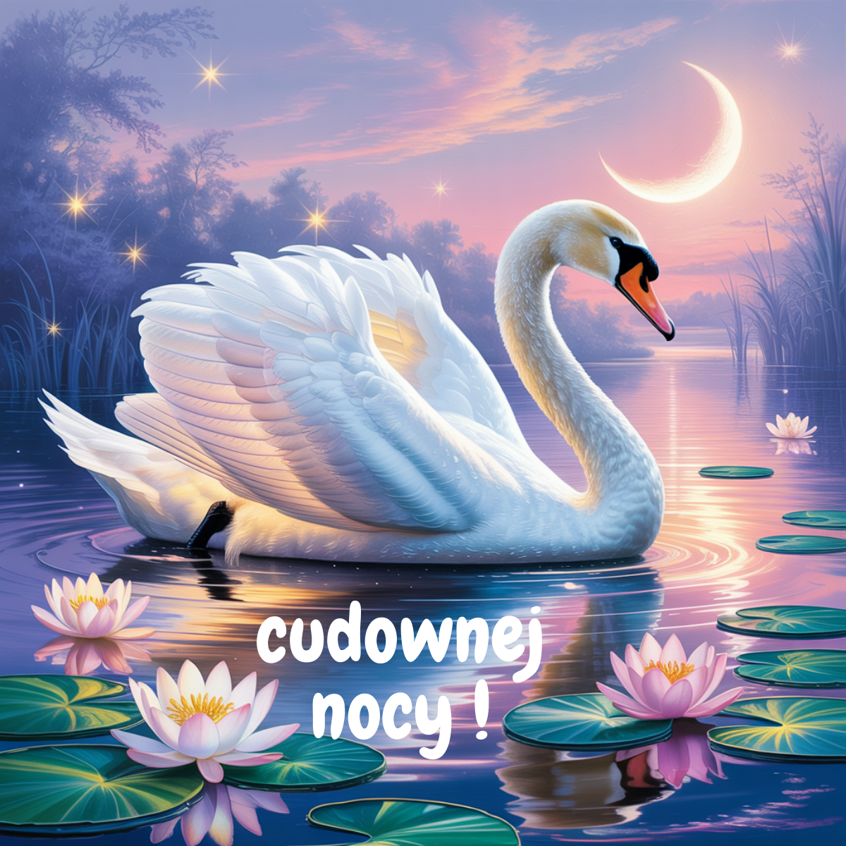 Biały łabędź na jeziorze w blasku księżyca i gwiazd, spokojnej nocy urocze obrazki na dobranoc w romantycznym stylu.