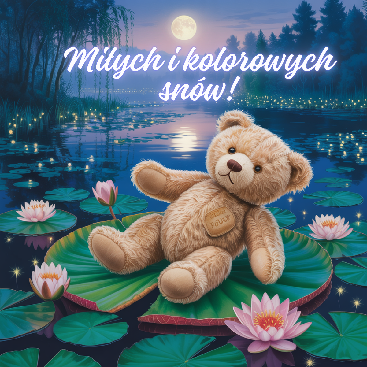 Pluszowy miś leżący na lilii wodnej pod księżycem i gwiazdami z napisem „Miłych i kolorowych snów” – uroczy obrazek na dobranoc z motywem spokojnego snu.
