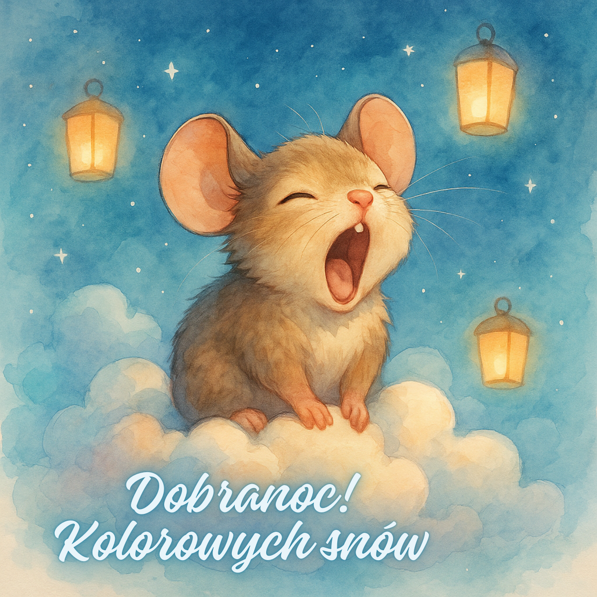 Śpiąca myszka ziewająca na chmurce w otoczeniu lampionów i gwiazd z napisem „Dobranoc! Kolorowych snów” – pastelowa ilustracja oddająca klimat spokojnej nocy.