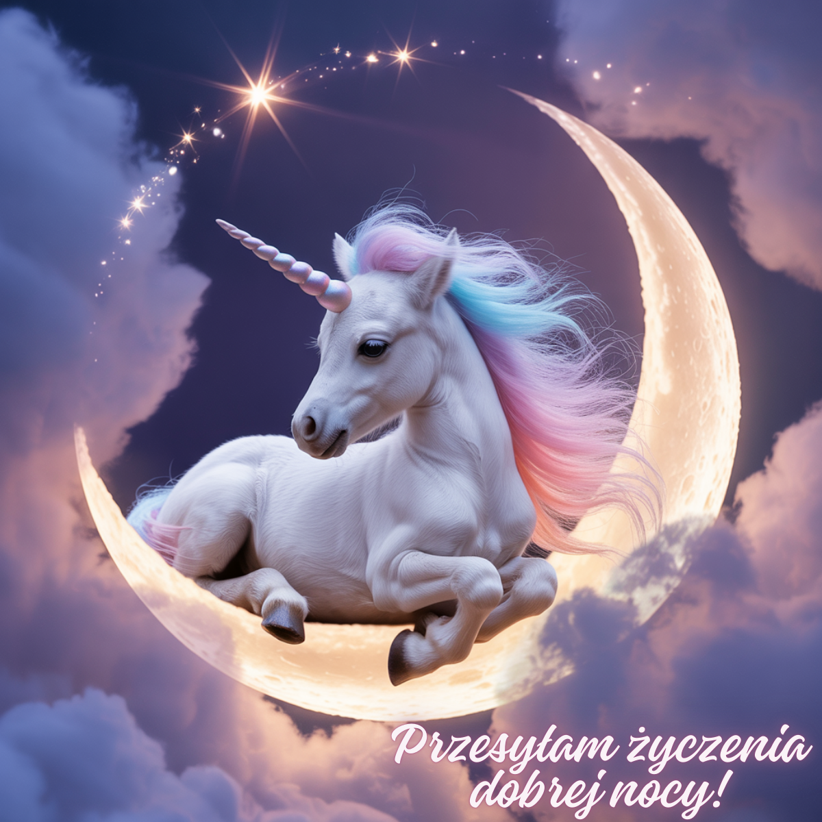 Biały jednorożec z pastelową grzywą leżący na księżycu wśród nocnych chmur – dobrej nocy urocze obrazki na dobranoc w romantycznym klimacie.